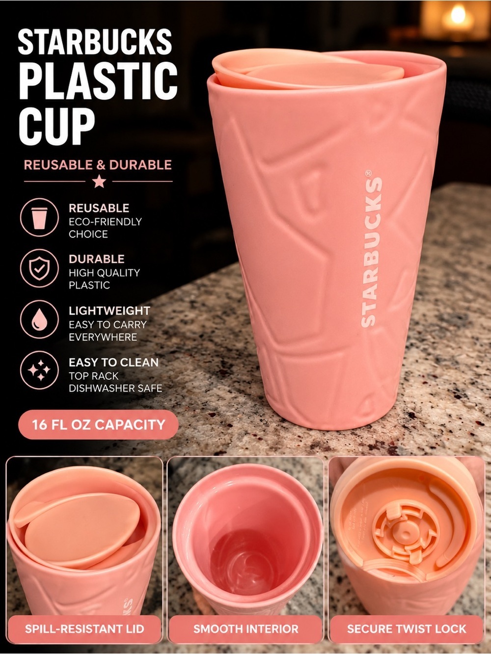 Starbucks Pink Reusable Plastic Travel Cup with Spill-Resistant Lid